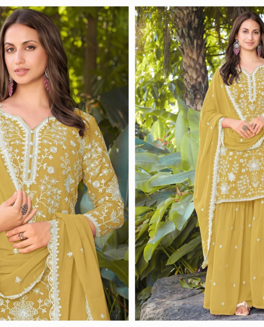 YELLOW - Graceful Yellow Bead Embroidery Georgette Haldi Wear Palazzo Suit